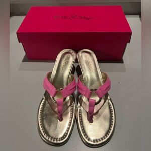 Lilly Pulitzer Pink and Gold T-Strap Sandals